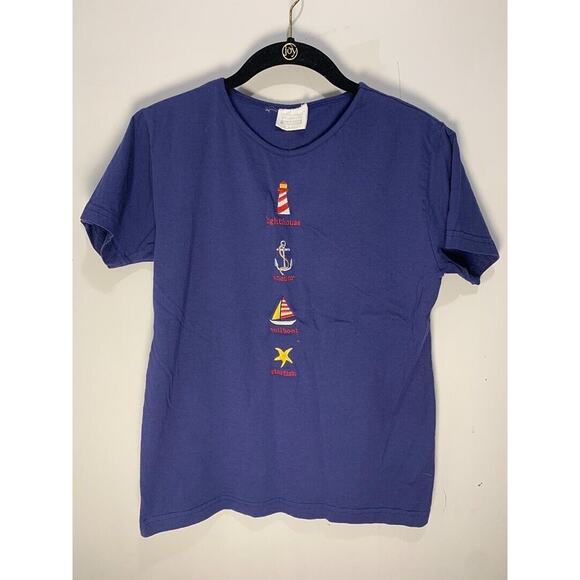 Lighthouse Anchor Sailboat Starfish Graphic Womens Navy Blue T-Shirt 100% Cotton - Picture 1 of 4